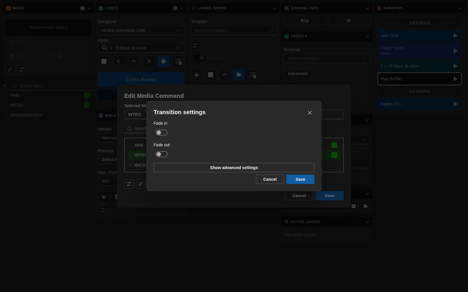 Transition settings dialog with Fade in / Fade out toggles and a Show advanced settings button