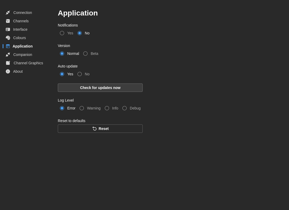 Application preferences tab with notifications, version channel, auto-update, and log level
