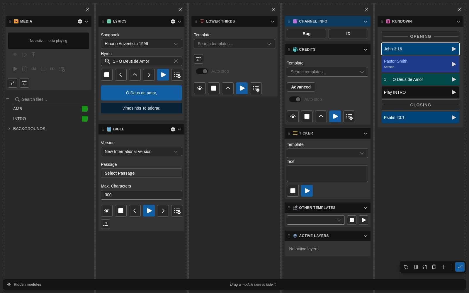 Rundown column in layout edit mode with drag handles and a quick-action toolbar