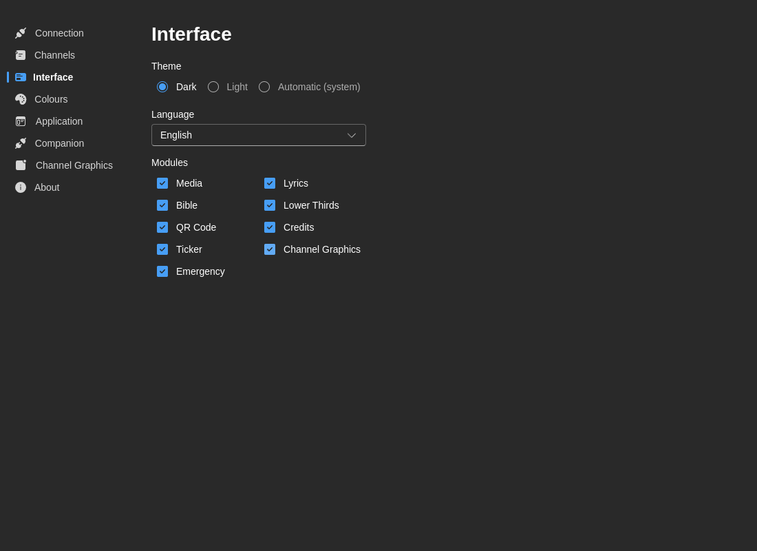 Interface preferences tab with theme, language, and module visibility controls