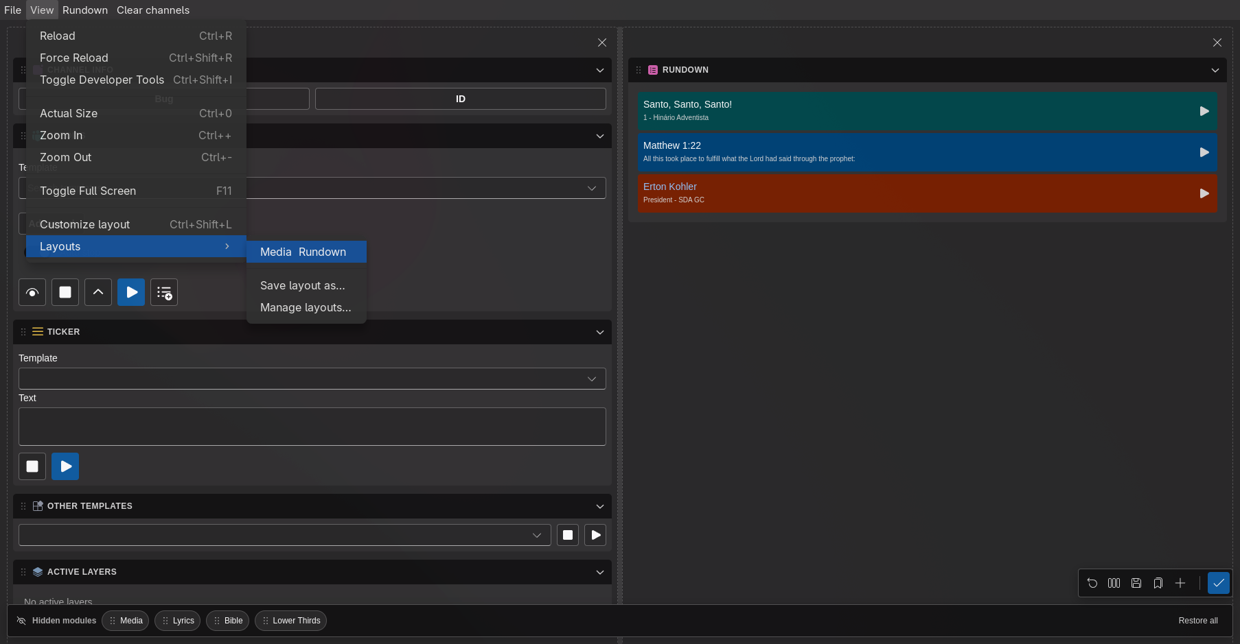 View → Layouts menu listing saved layout presets