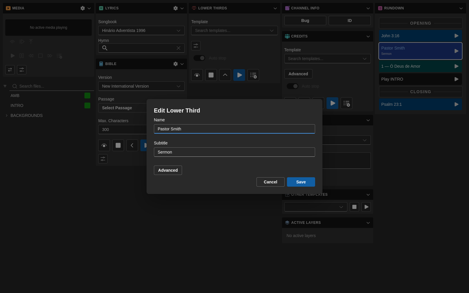 Lower-third block edit dialog with Name and Subtitle fields