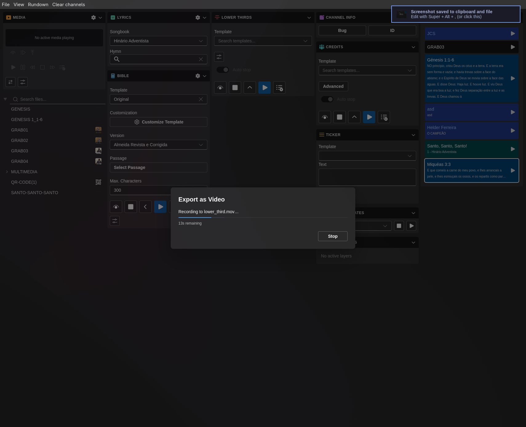 Rundown video export in progress, with recording status and a Stop button