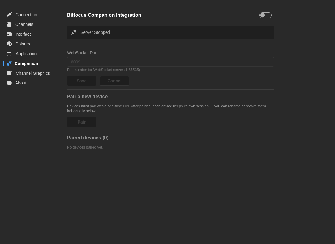 Pestaña Companion con puerto WebSocket, botón Emparejar y lista de dispositivos emparejados