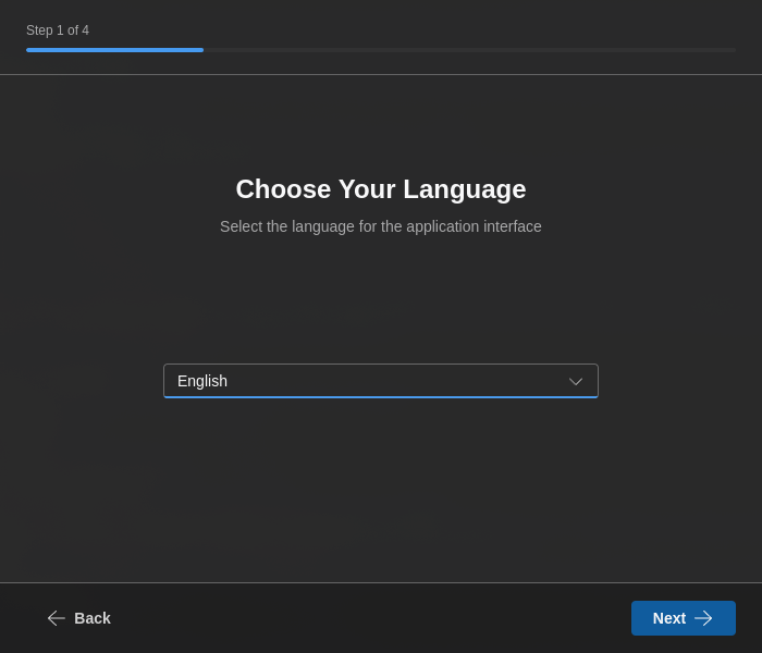 Pantalla de selección de idioma