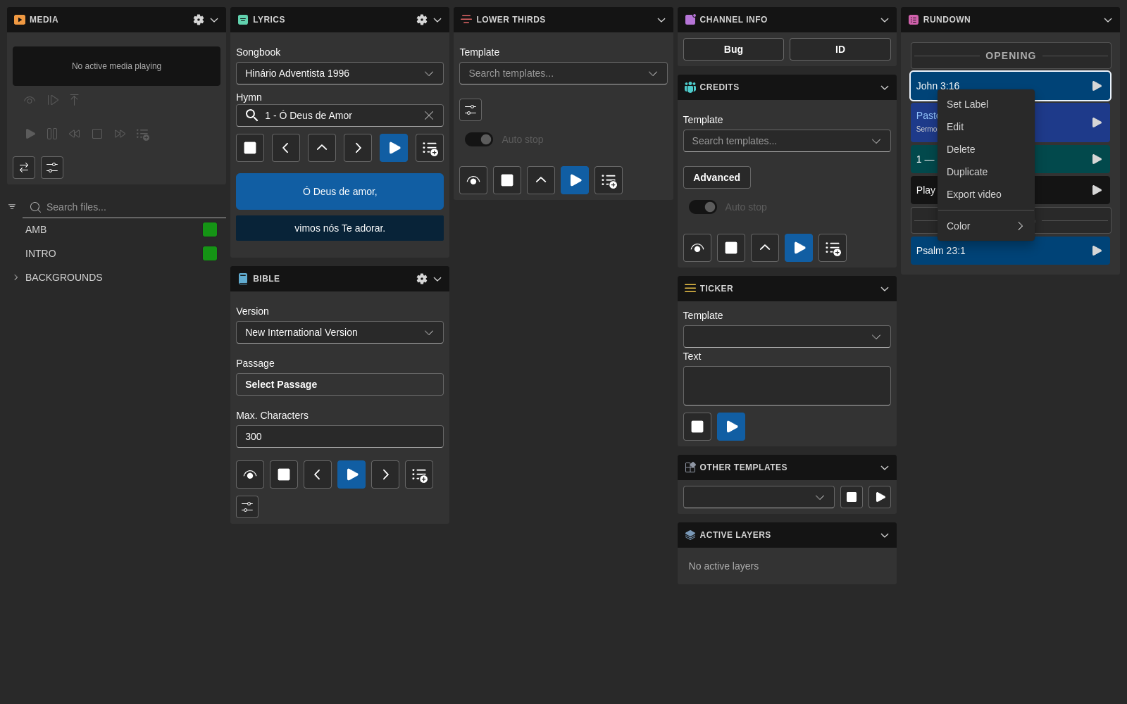 Menu de contexto do Rundown com opções Definir etiqueta, Editar, Apagar, Duplicar, Exportar vídeo e Cor